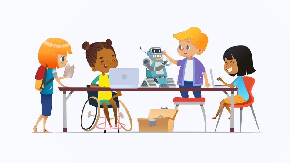 Disabled African American girl in wheelchair and other children standing around desk with laptops and robot and working on school project for programming lesson. Concept of inclusion at school.