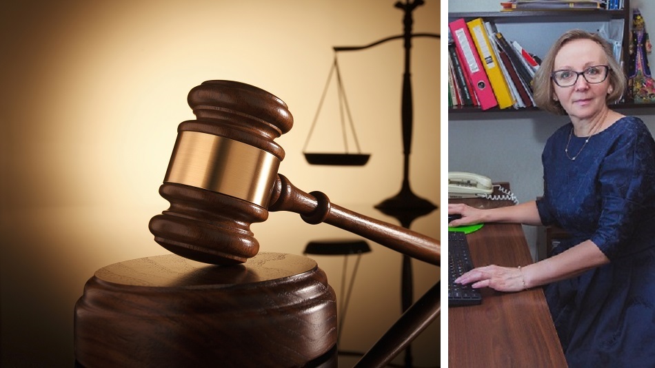 В правой части иллюстрации: фотопортрет эксперта 26 октября (Татьяна Шаталова). В левой части иллюстрации: судейский молоток и весы правосудия.