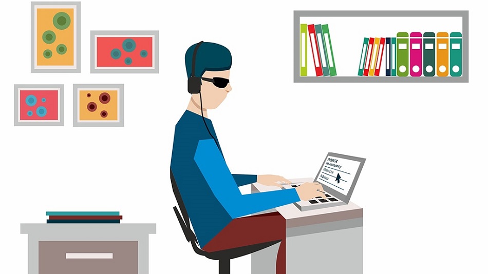 Схематичный рисунок, вид сбоку: в комнате за столом сидит за ноутбуком молодой человек в чёрных очках и наушниках