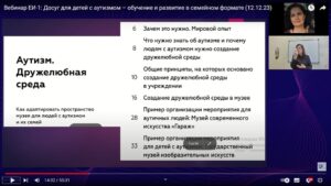 Скриншот видеозаписи вебинара 12 декабря 2023 о досуге для детей с аутизмом и другими ментальными нарушениями