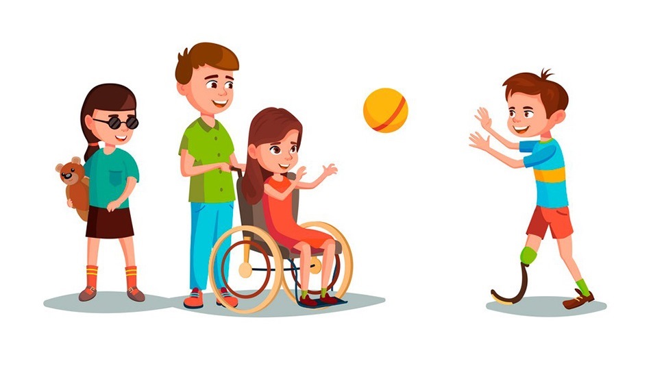 Vector cartoon disabled teen kids characters with restriction of movement playing using medical equipment set. Girl in wheelchair playing boy with leg prosthesis, blind female character with bear toy.