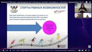 Скриншот видеозаписи вебинара 18 декабря 2024 о методических рекомендаций по проведению занятий для молодёжи с ментальными нарушениями (спортивное ориентирование, аутизм)