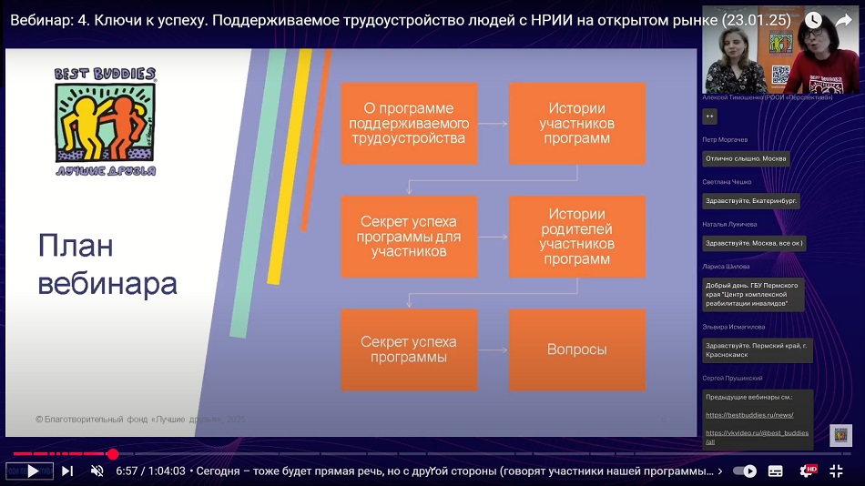 скриншот видеозаписи вебинара 23 января 2025 о ключах к успеху в поддерживаемом трудоустройстве людей с нарушениями развития на открытом рынке труда