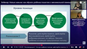 Скриншот видеозаписи вебинара 1 апреля 2025 о пошаговом обучении ребёнка с минимальной помощью взрослого