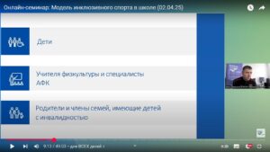 Видеозапись скриншота семинара 2 апреля в 14 ч (2025), презентующий новую модель инклюзивного спорта в школе
