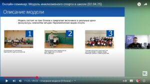 Видеозапись скриншота семинара 2 апреля в 14 ч (2025), презентующий новую модель инклюзивного спорта в школе