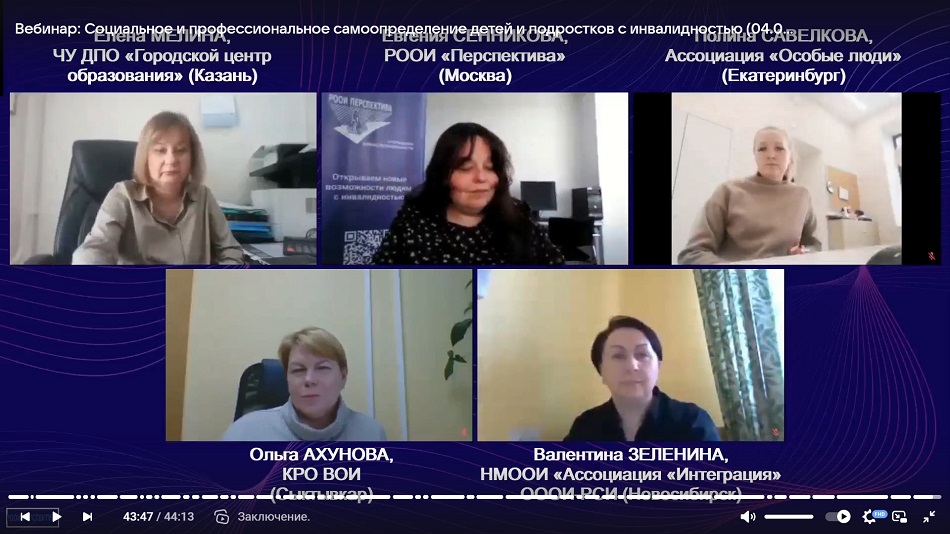 Скриншот видеозаписи межрегионального вебинара 4 апреля 2025 о социальном и профессиональном самоопределении детей и подростков с инвалидностью в Москве и регионах