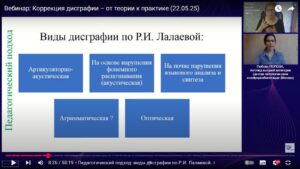 Скриншот видеозаписи вебинара 22 мая 2025 в 11 часов о практических рекомендациях логопеда высшей квалификации при нарушениях письменной речи (дисграфия)