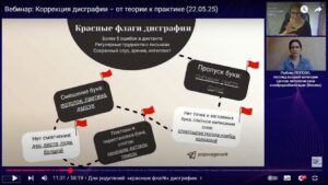 Скриншот видеозаписи вебинара 22 мая 2025 в 11 часов о практических рекомендациях логопеда высшей квалификации при нарушениях письменной речи (дисграфия)