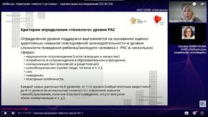 Скриншот видеозаписи вебинара 25 сентября 2025, представляющий исследование «Критерии тяжелого аутизма» с рекомендациями по выбору видов спорта, в которых молодые люди с расстройством аутистического спектра разной степени тяжести могут быть успешны