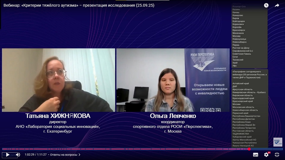 Скриншот видеозаписи вебинара 25 сентября 2025, представляющий исследование «Критерии тяжелого аутизма» с рекомендациями по выбору видов спорта, в которых молодые люди с расстройством аутистического спектра разной степени тяжести могут быть успешны