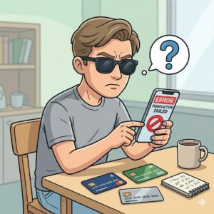 Незрячий молодой человек (в чёрных очках) сидит за столом со смартфоном в руках